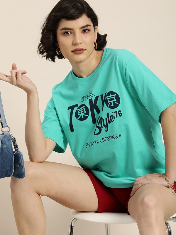 DILLINGER Women Sea Green & Navy Blue Typography Pure Cotton Oversized T-shirt