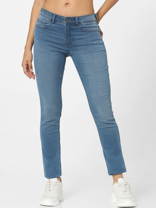 ONLY Women Blue Skinny Fit Low Distress Light Fade Jeans