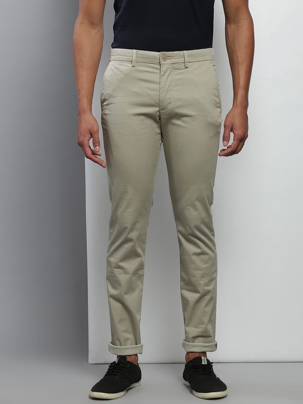 Tommy Hilfiger Men Beige Textured Cotton Slim Fit Trousers