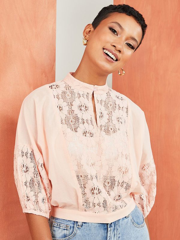 Styli Pink Mandarin Collar Lace Insert Top