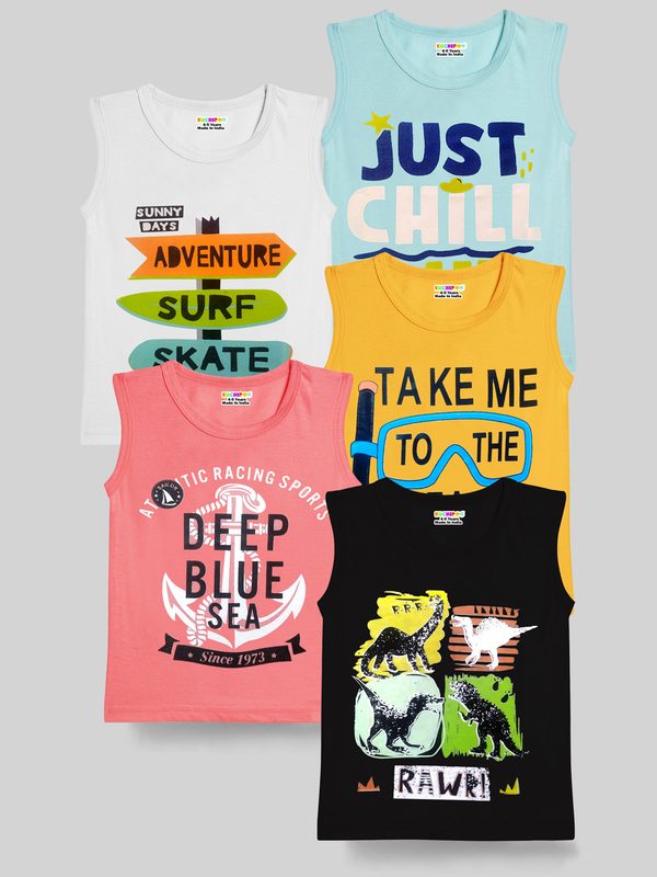 KUCHIPOO Boys Pack of 5 Multicoloured & clearly aqua Typography Printed T-shirt