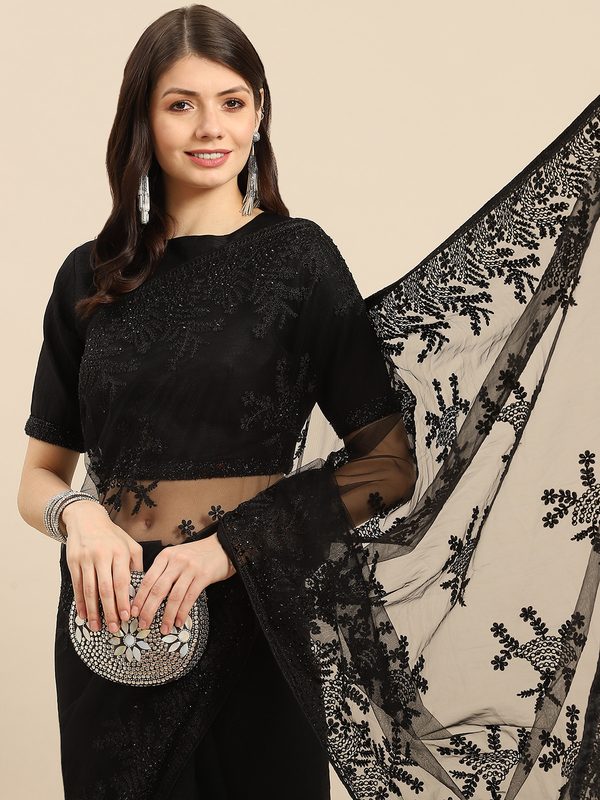 all about you Black Ethnic Motifs Beads and Stones Net Saree