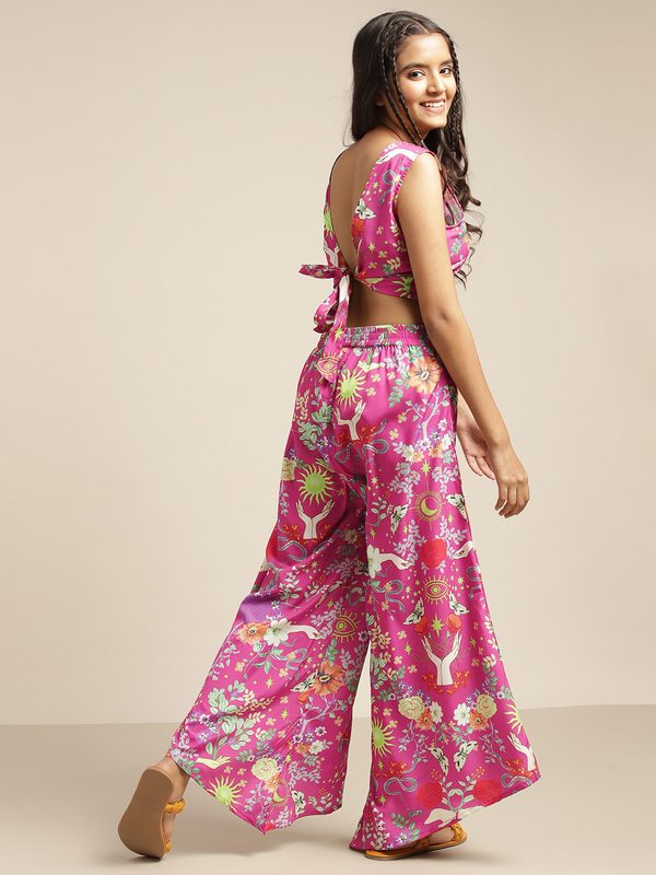 Sangria Girls Pink & Green Floral Print Round Neck Top with Palazzos