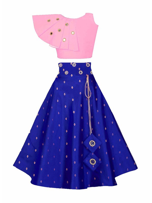 White World Girls Pink & Blue Mirror Work Ready to Wear Lehenga &