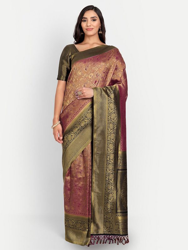 Vardha Women Maroon & Gold-Toned Floral Zari Silk Blend Kanjeevaram Saree