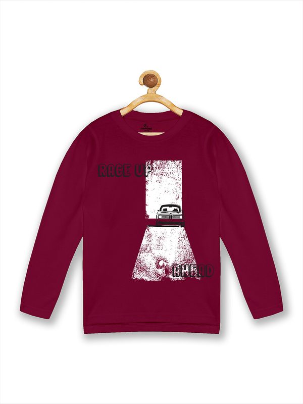 KiddoPanti Boys Burgundy Printed Cotton T-shirt