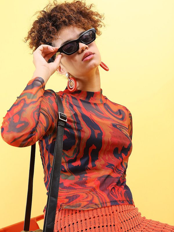 Tokyo Talkies Orange & Navy Blue Printed High Neck Top