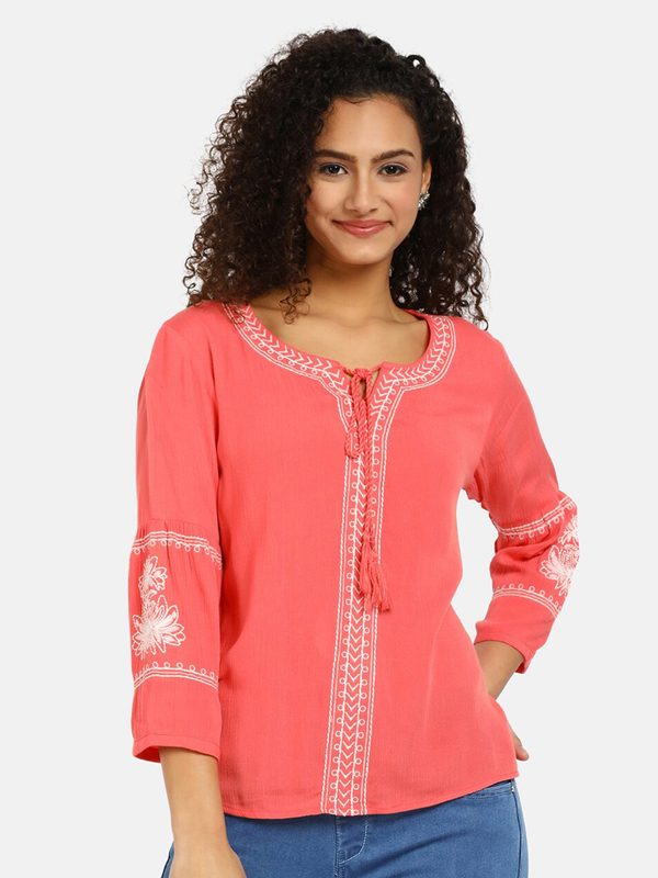 V-Mart Peach-Coloured & White Floral Embroidered Tie-Up Neck Chiffon Top