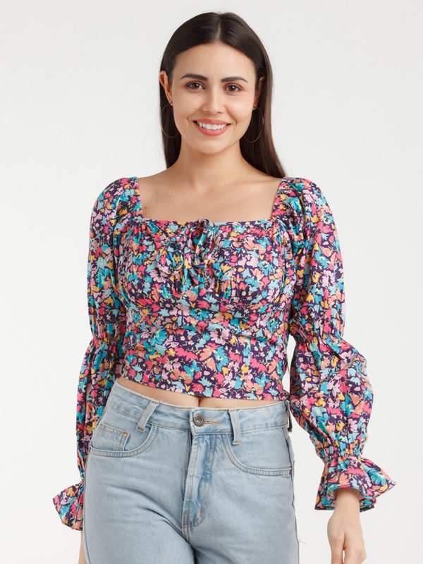 Zink London Violet Floral Print Blouson Crop Top