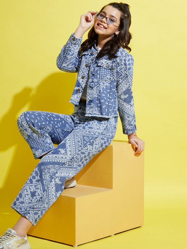 Noh.Voh - SASSAFRAS Kids Girls Blue Comfort Straight Fit Printed Jeans