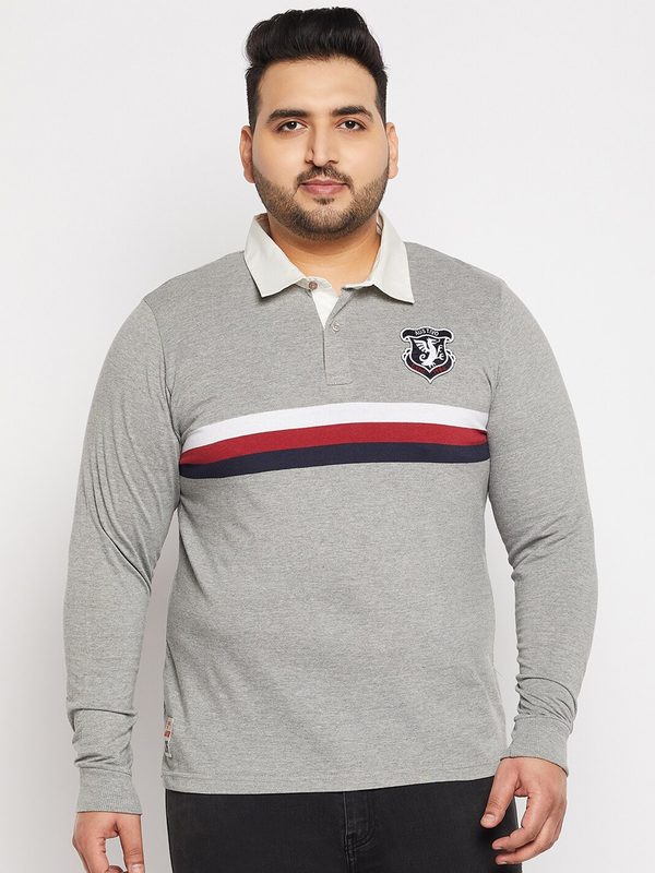 AUSTIVO Men Grey & White Colourblocked Polo Collar T-shirt