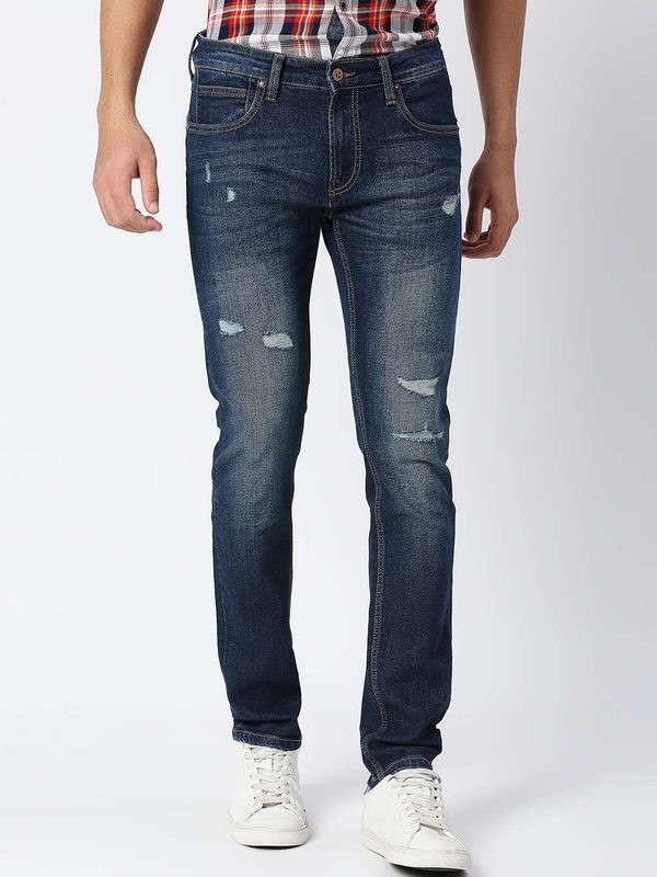 Pepe Jeans Men Blue Slim Fit Mildly Distressed Light Fade Cotton Stretchable Jeans