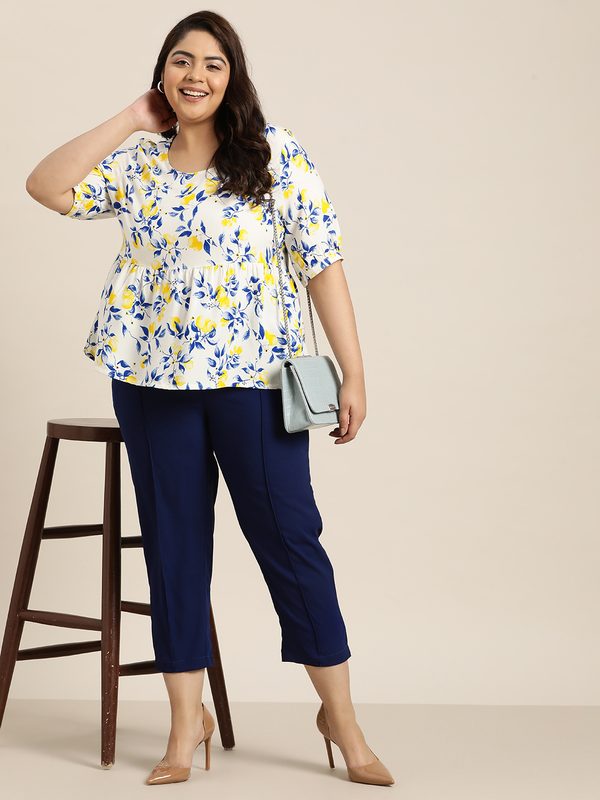 Sztori Plus Size Floral Print Puff Sleeve A-Line Top
