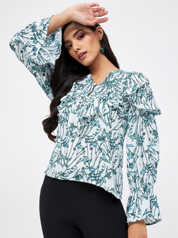 Kibo Women Floral Printed Ruffles Crepe Top