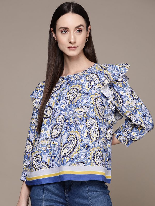 Label Ritu Kumar Ethnic Motifs Print Ruffled Detail Regular Top