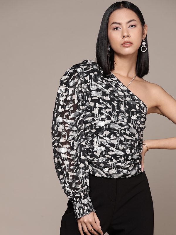 MANGO Abstract Printed One Shoulder Top