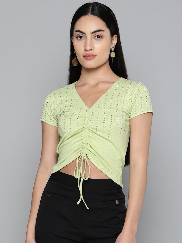 VividArtsy Embellished Gathered Detail Fitted Crop Top