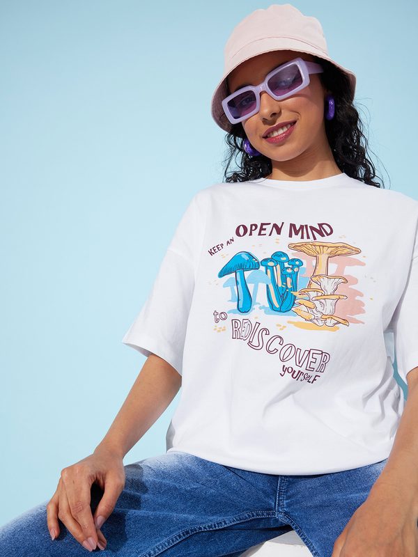 Kook N Keech Printed Drop-Shoulder Sleeves Pure Cotton Oversized Longline T-shirt
