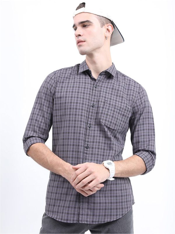 HIGHLANDER Men Grey Slim Fit Checked Casual Shirt
