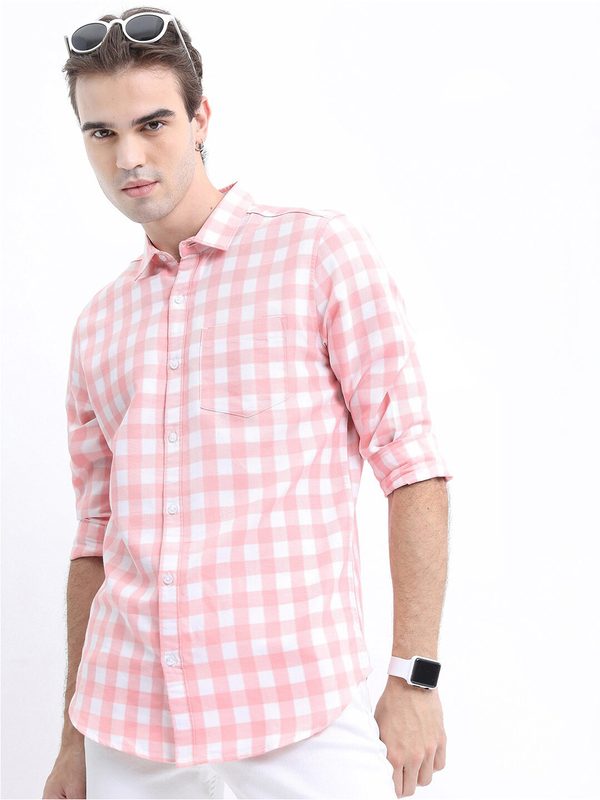 HIGHLANDER Men Slim Fit Gingham Checked Casual Cotton Shirt