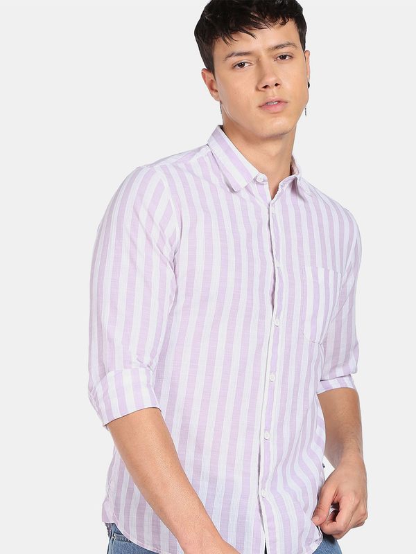 Flying Machine Slub Vertical Stripe Spread Collar Casual Shirt