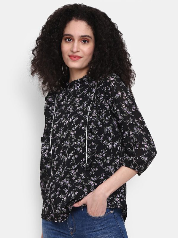 V-Mart Floral Print Tie-Up Neck Cotton Top