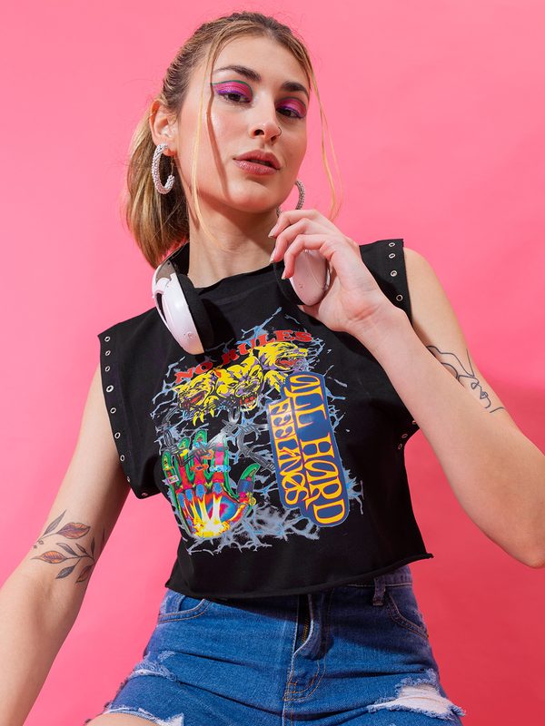 Stylecast X Hersheinbox Conversational Print Extended Sleeves Crop Top