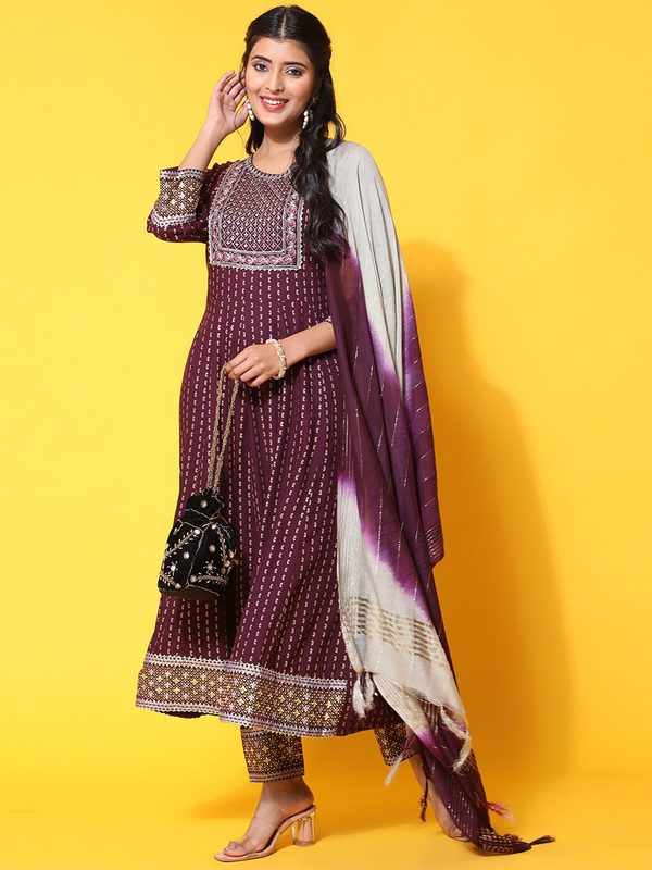 Ziva Fashion Floral Embroidered Zari Sequined Anarkali Kurta with Trousers & Dupatta