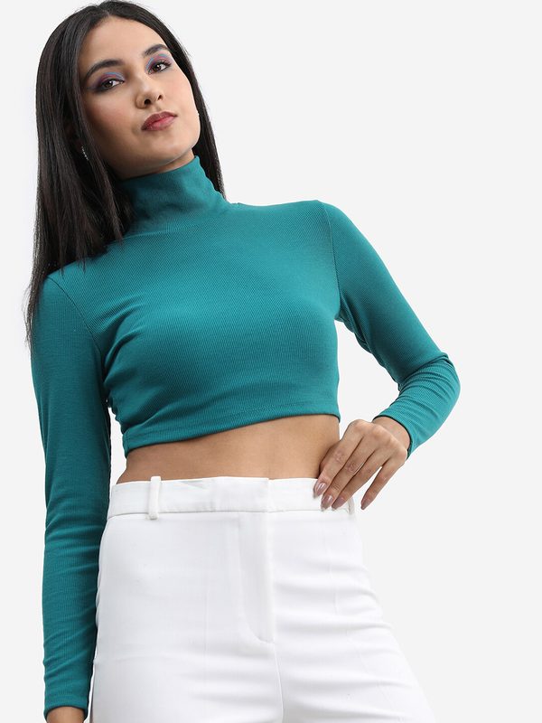 Tokyo Talkies High Neck Cotton Knitted Crop Top