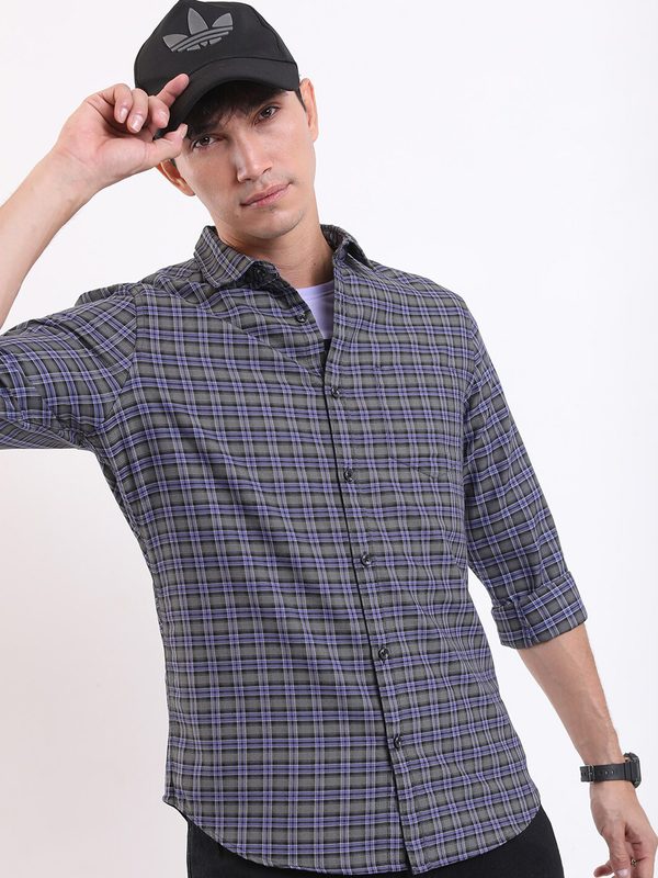 HIGHLANDER Grey & Blue Checked Long Sleeves Slim Fit Casual Shirt