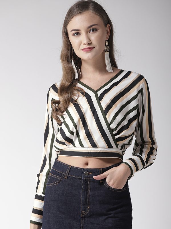 Style Quotient Women Green & White Striped Wrap Crop Top
