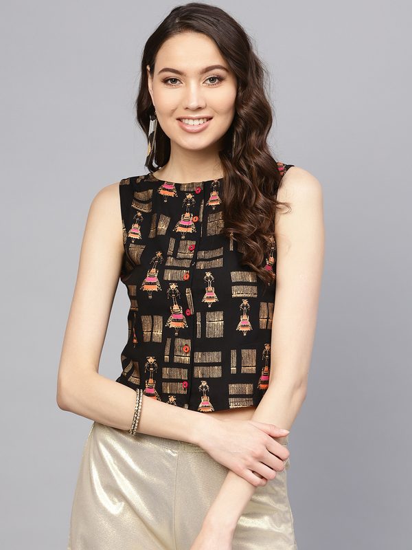 Varanga Black & Golden Tribal Crop Top