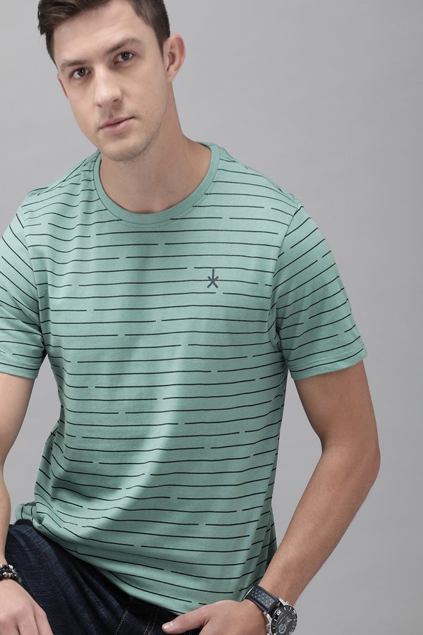 Roadster Men Blue Striped Round Neck Cotton T-shirt