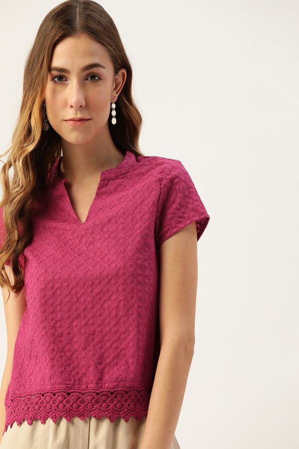 DressBerry Pink Pure Cotton Embroidered Regular Top