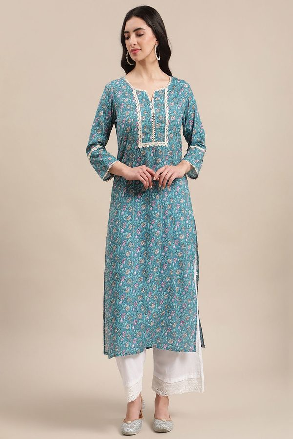 Varanga Women Blue Jaipuri Floral Print Pure Cotton Lace Detailed Kurta