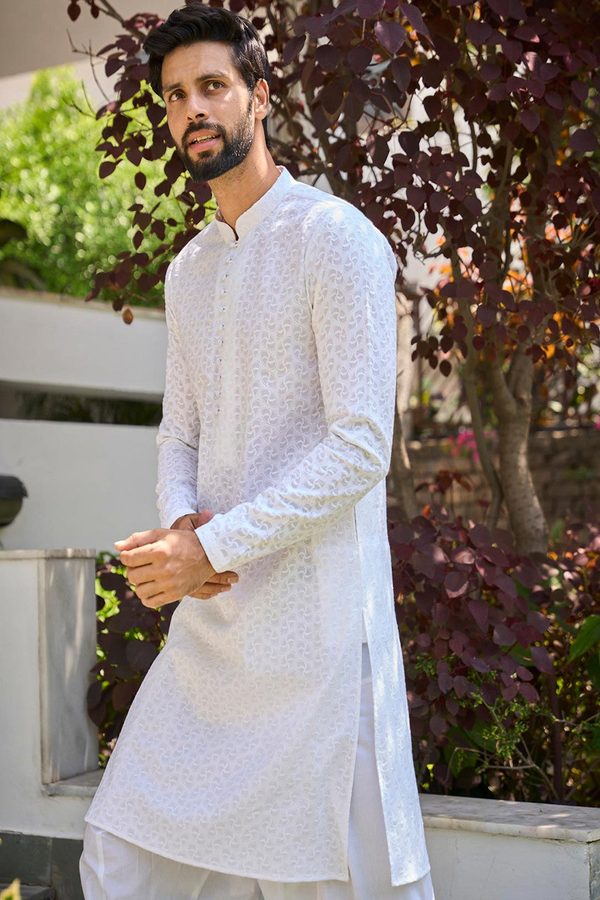 See Designs Men White Geometric Embroidered Regular Pure Cotton Kurta with Pyjamas