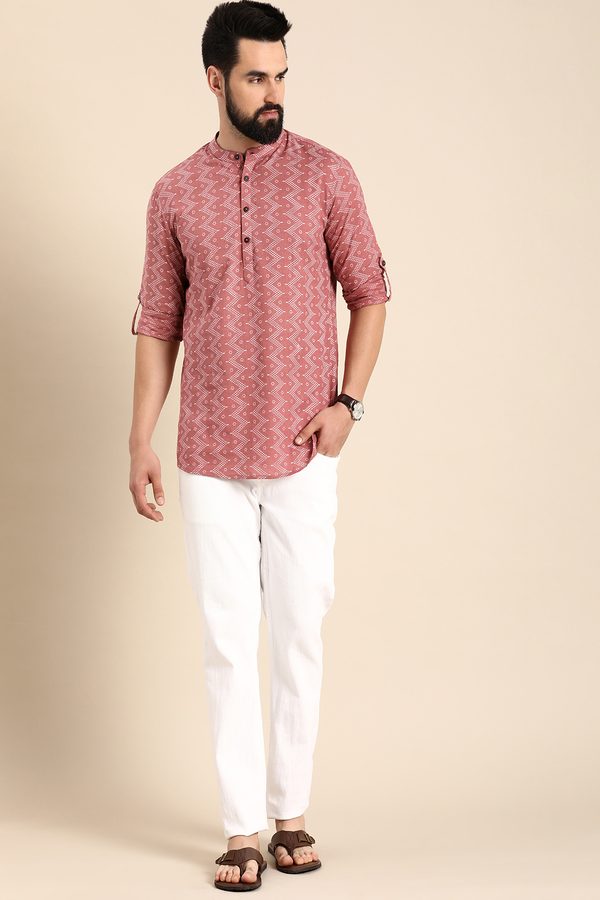 Anouk Men Pink Geometric Printed Mandarin Collar Straight Cotton Short Kurta