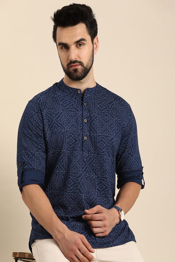 Anouk Men Navy Blue Geometric Printed Mandarin Collar Cotton Straight Short Kurta