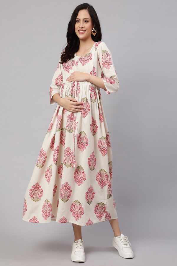 Nayo Off White Floral Printed Round Neck Tie Up Cotton Fit & Flare Maternity Dress