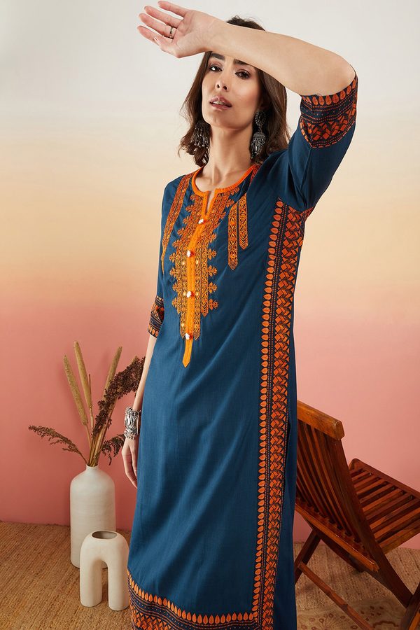 Sangria Navy Blue Ethnic Motifs Embroidered Thread Work Straight Kurta