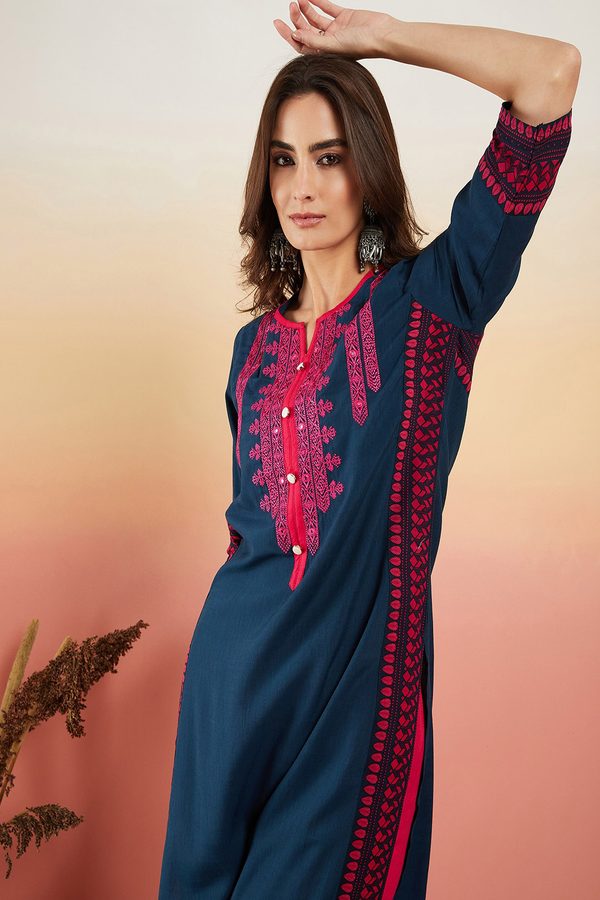 Sangria Navy Blue Ethnic Motifs Embroidered Thread Work Straight Kurta