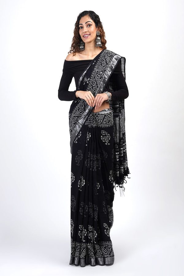 TEEJH Black Ethnic Motifs Printed Zari Linen Saree
