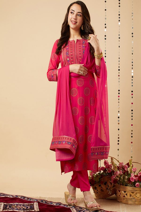 GoSriKi Ethnic Motifs Yoke Design Gotta Patti Kurta With Trousers & Dupatta