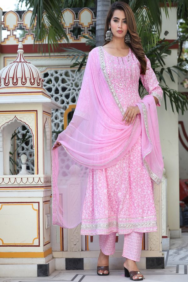 SINGNI Floral Printed Mirror Work Anarkali Kurta & Trousers With Dupatta