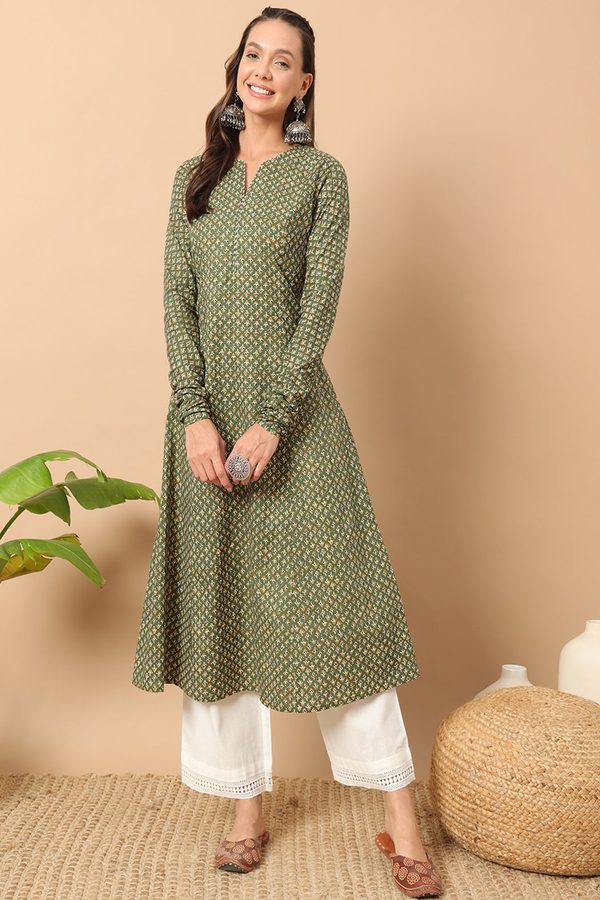 FIORRA Floral Printed Notch Collar Thread Work Cotton A-Line Kurta