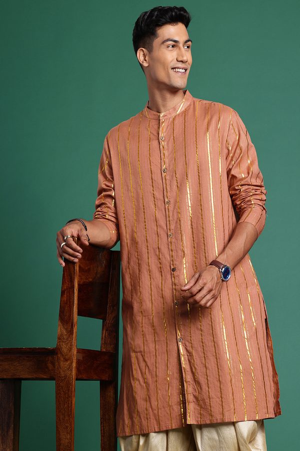 Sangria Men Striped Mandarin Collar Pure Cotton Kurta