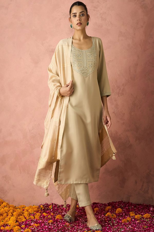 KALINI Ethnic Motifs Yoke Design Straight Embroidered Kurta with Trousers & Dupatta