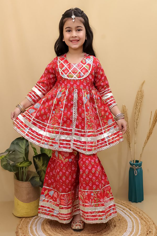 Superminis Girls Floral Printed Gotta Patti Pure Cotton Anarkali Kurti with Sharara