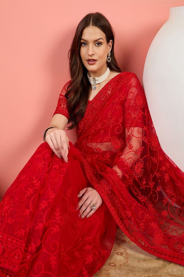 Sangria Embroidered Net Saree With Unstitched Blouse