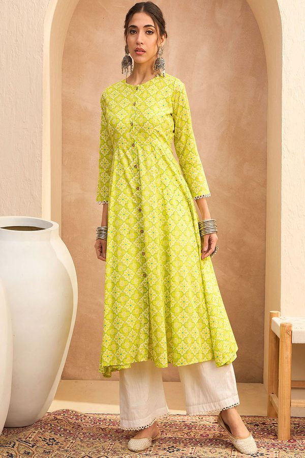 Shae by SASSAFRAS Floral Block Printed Round Neck A-Line Pure Cotton Kurta
